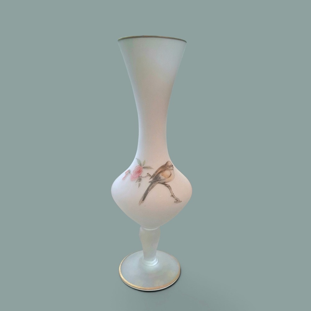 Vintage White Frosted Glass Vase Bird Flower Motif Gold Rim 10"in
